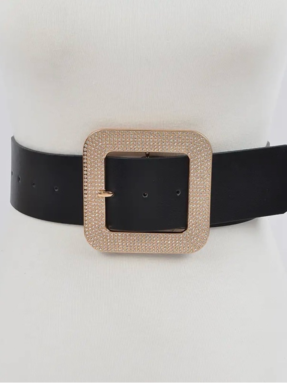 Black Faux Leather Wide Belt with Rhinestones and Gold Toned Buckle - PLUS